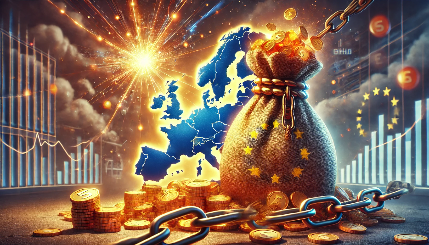 Une illustration symbolique mettant en avant le fardeau financier de l'Europe qui freine l'innovation. L'image pourrait montrer un énorme sac de pièces d'or ou une chaîne de dettes attachée au continent européen, tandis qu'une lumière représentant l'innovation essaie de s'élever mais est retenue par ce fardeau.